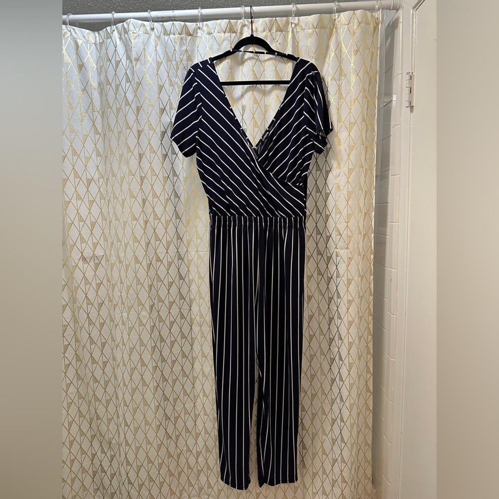 Navy Blue & White Striped Express Jumpsuit
